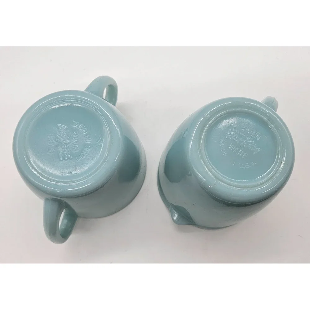 Fire-King Turquoise Blue Milk‎ Glass Creamer and Sugar Bowl Set Vintage USA MCM